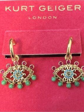 Kurt Geiger Gold-Tone Eye Drop Earrings with Green and Pink Accents *nwt